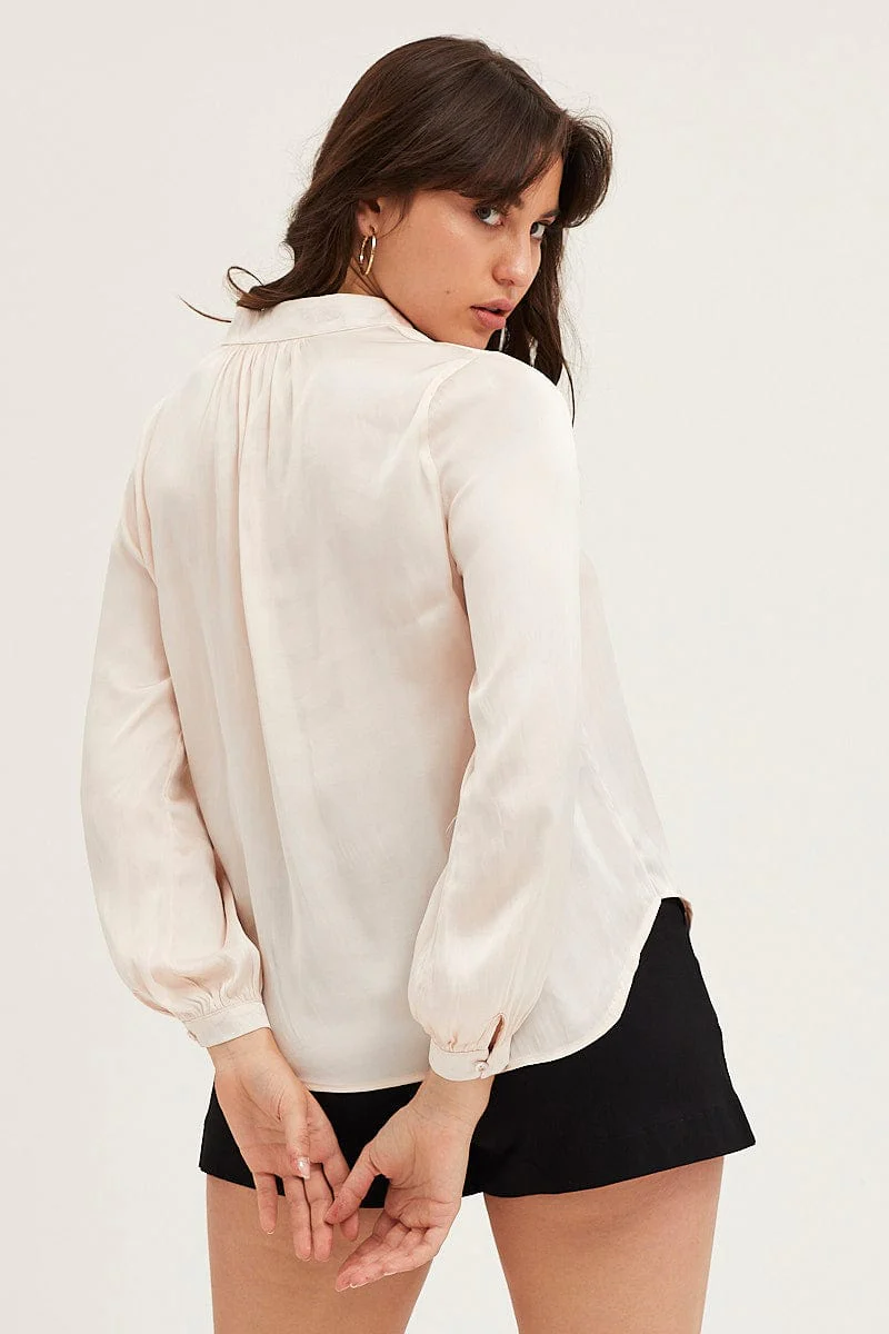 White Shirt Long Sleeve Gathered Satin