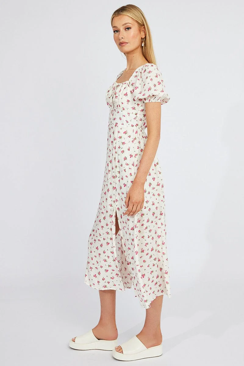 White Floral Midi Dress Puff Sleeve Midi