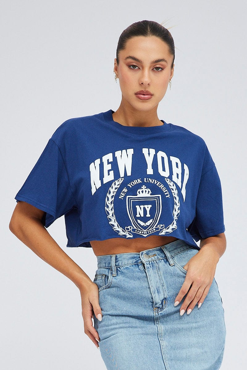 Blue Crop T Shirt Short Sleeve Crew Neck New York