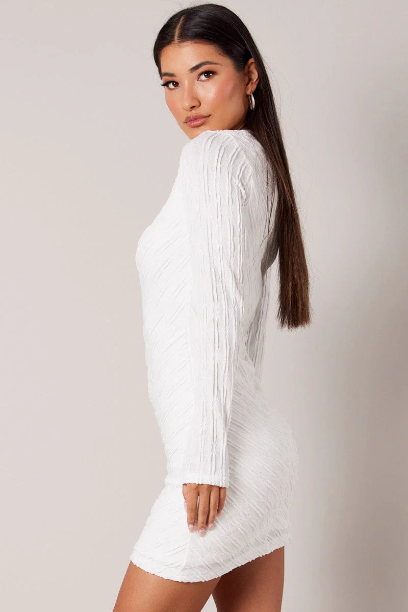 White Bodycon Dress Mini Long Sleeve Textured