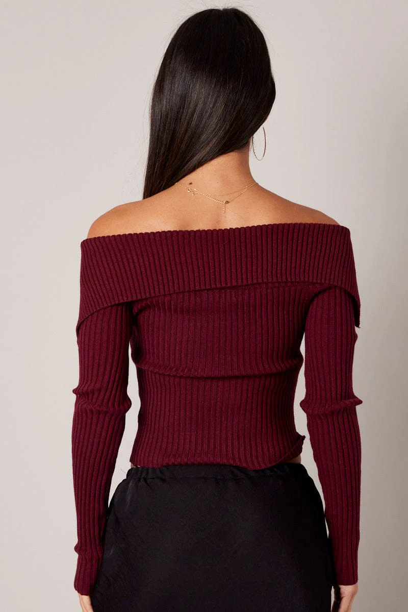 Red Off Shoulder Knit Top Long Sleeve