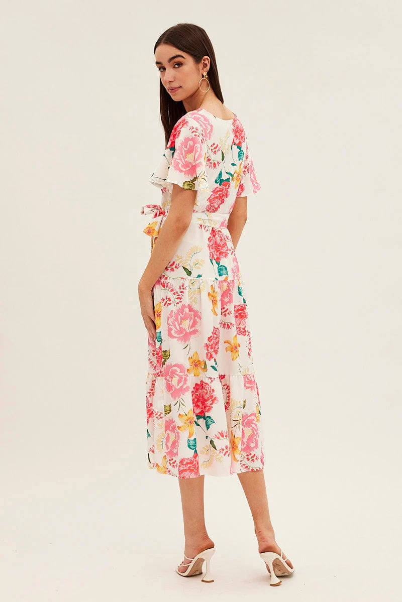 White Floral Tie Waist Tiered Midi Dress