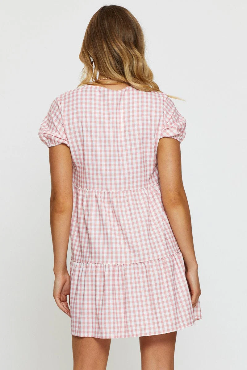 Check Mini Dress V Neck