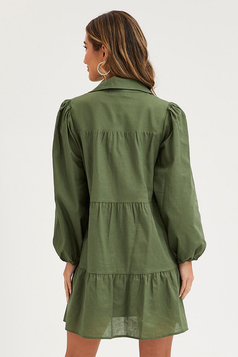 Green Tiered Dress Long Sleeve Mini