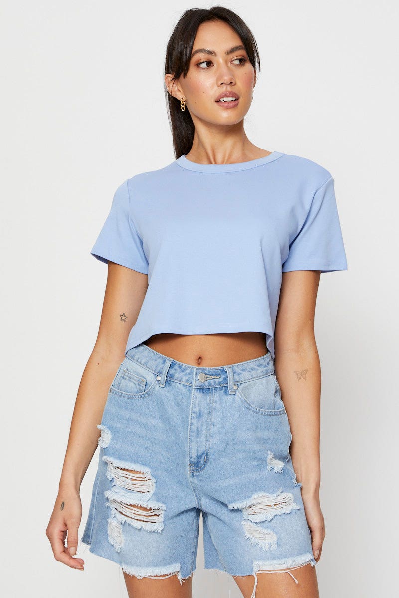 Blue T Shirt Short Sleeve Crop Crew Neck Cotton