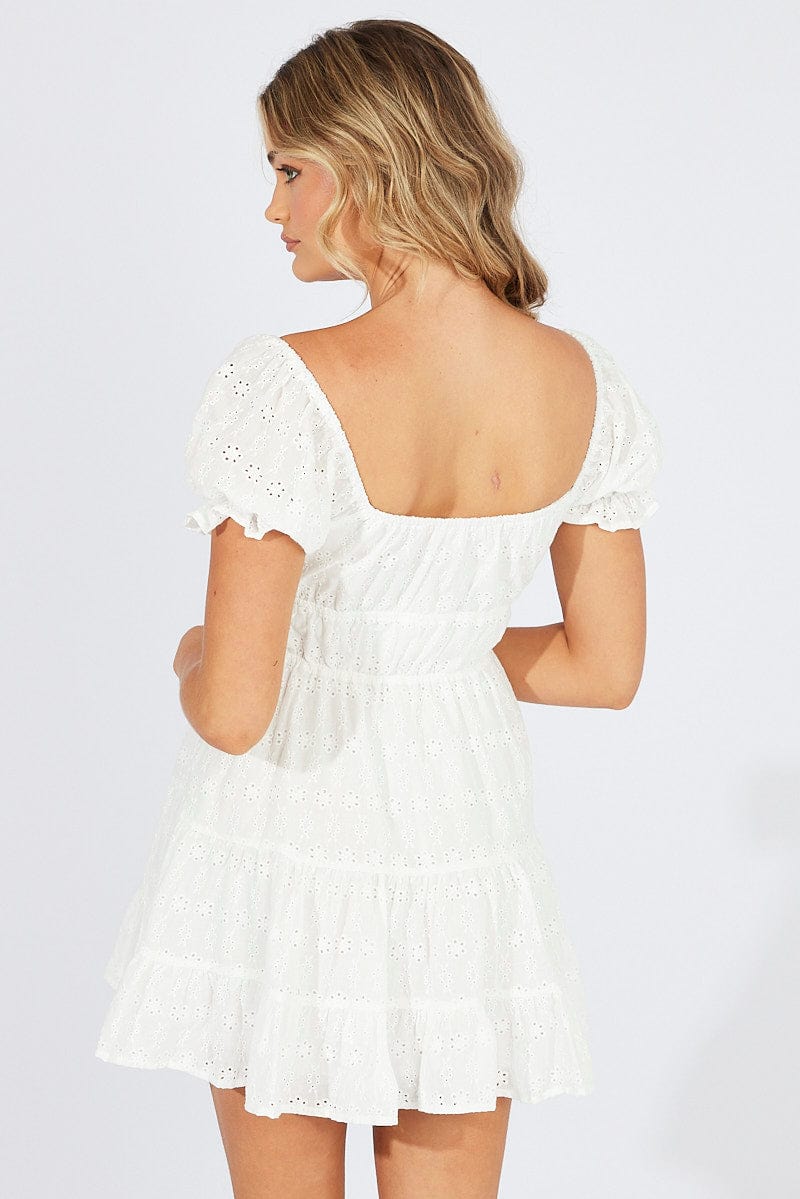 White Fit and Flare Dress Short Sleeve Broidery