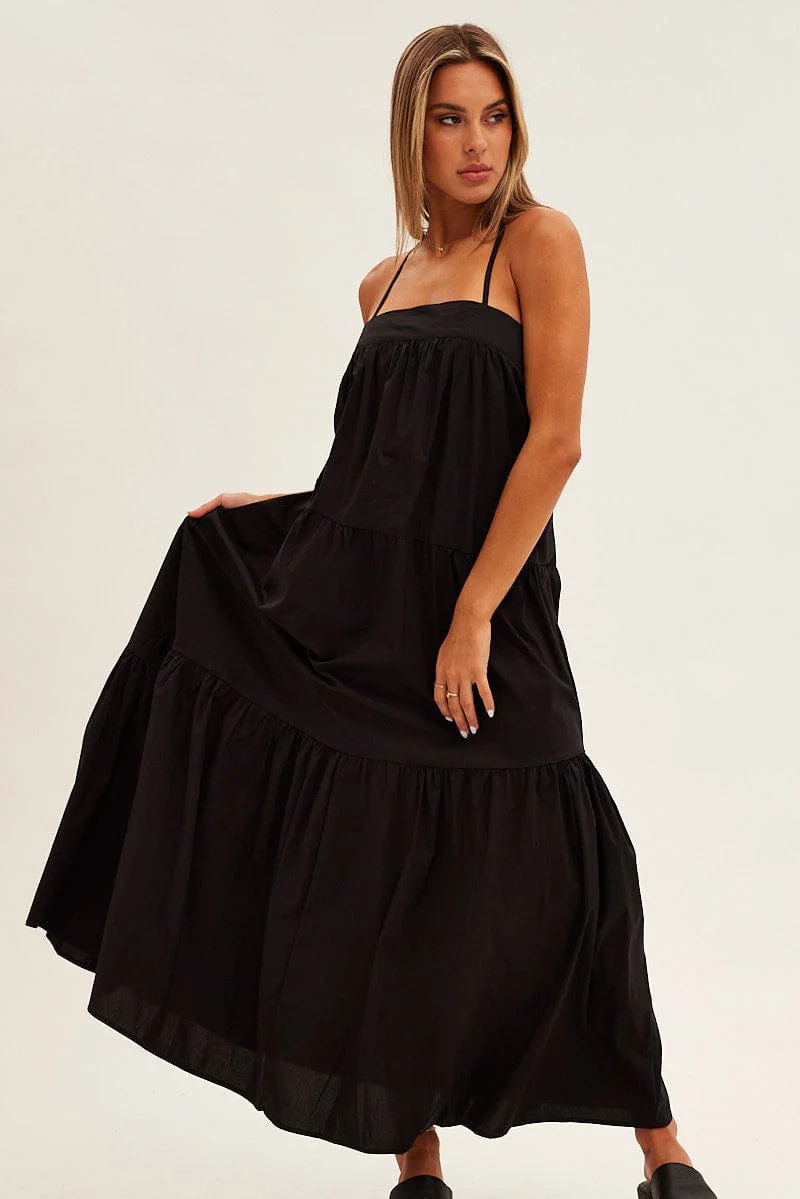 Black Midi Dress Sleeveless Square Neck Poplin