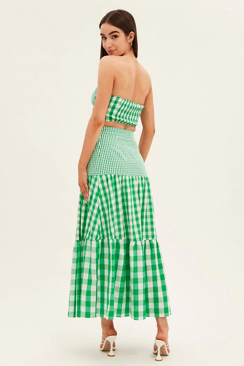 Check Maxi Skirt High Rise Tiered