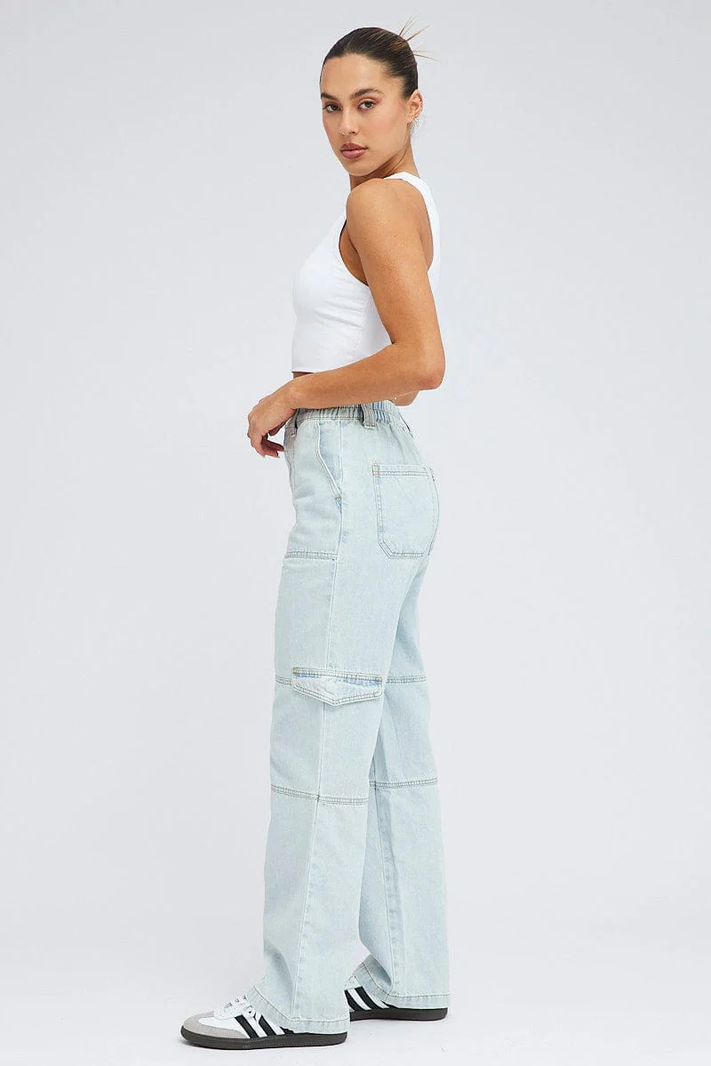 Denim Cargo Jeans Elastic Waist