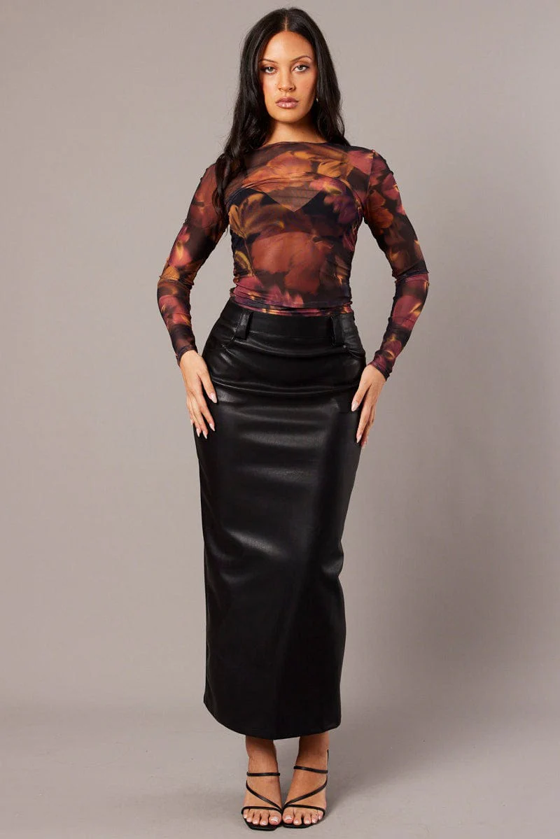 Black Midi Skirt Faux Leather