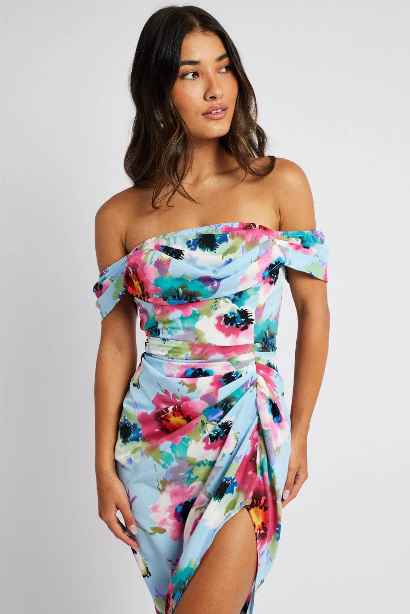 Blue Floral Midi Dress Bardot Sleeve Draped Blue Floral