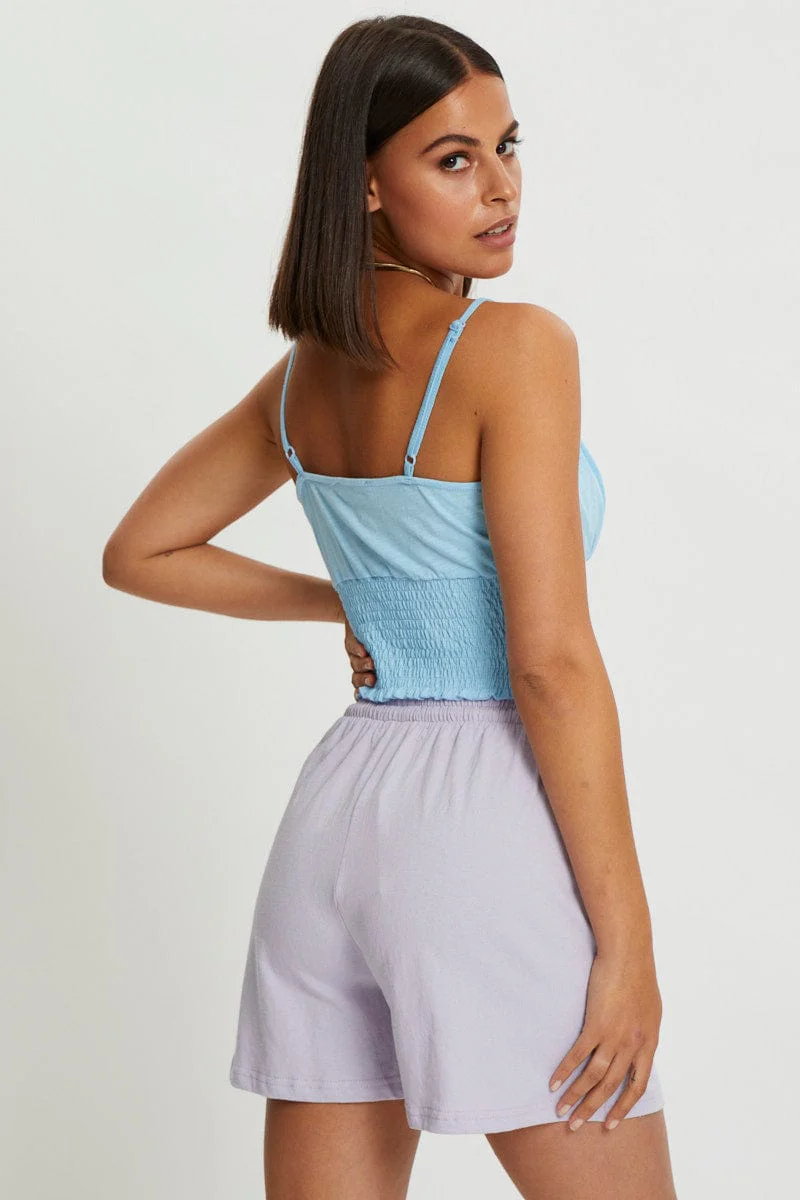 Purple Tie Front Elastic Waist Track Short