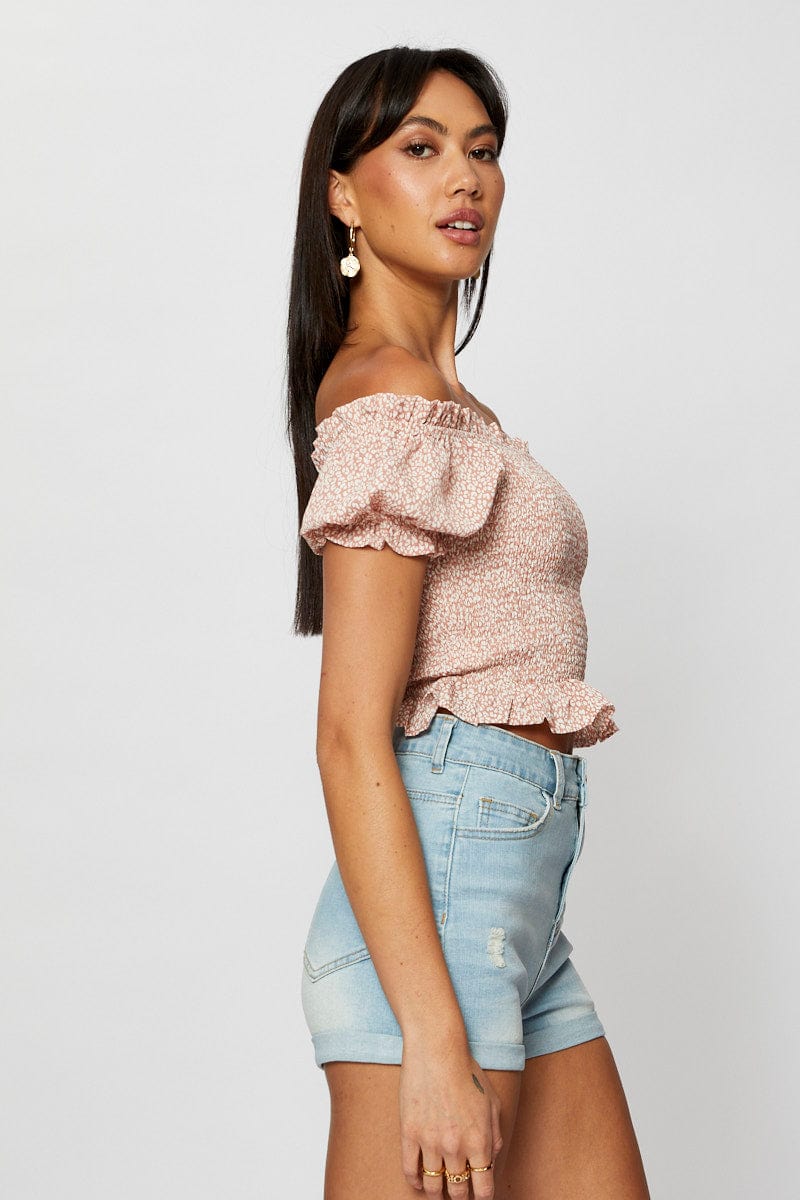Geo Print Crop Top Short Sleeve Off Shoulder