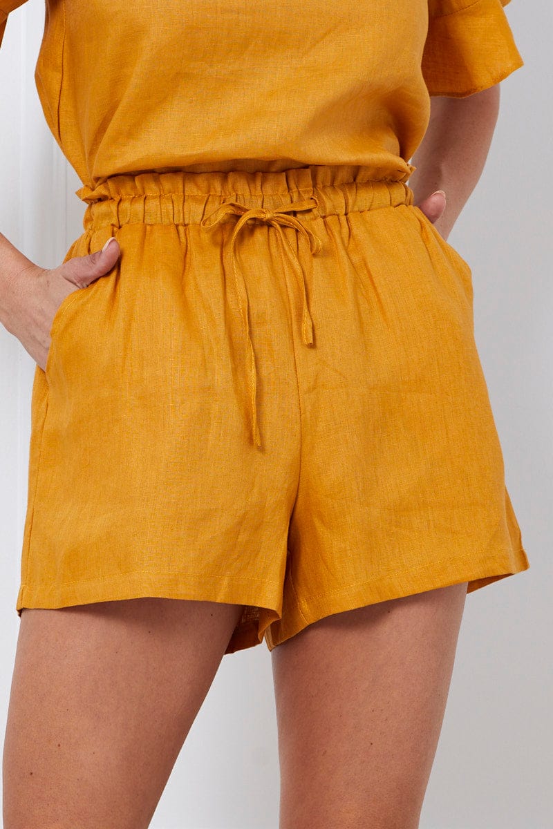 Yellow Tie Up Linen Shorts Paper Bag Linen