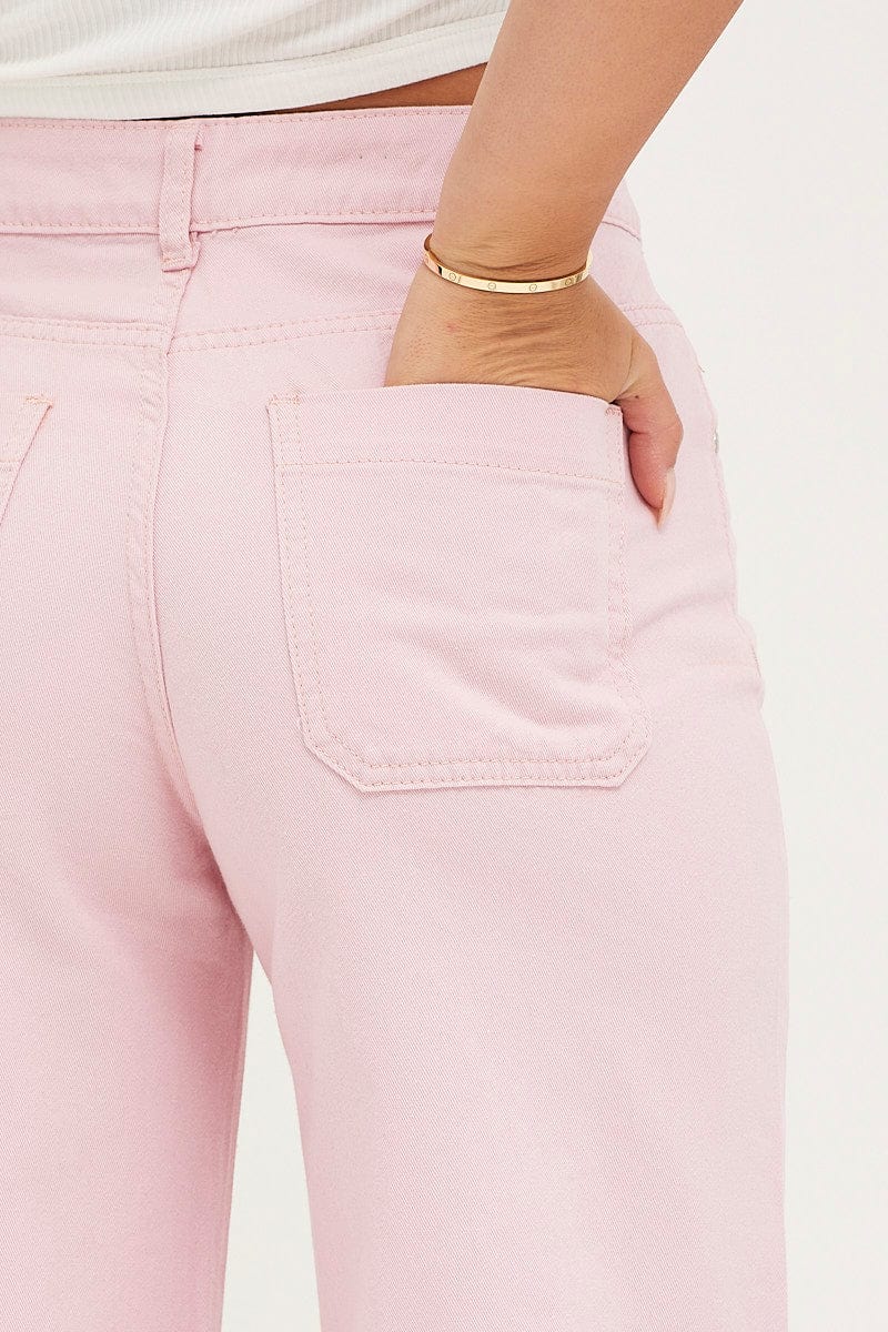 Pink Denim Jeans Wide Leg High Rise Cropped