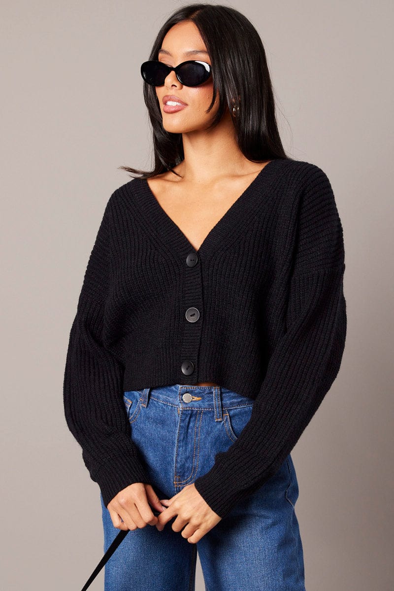Black Knit Cardigan Long Sleeve V Neck Button Up