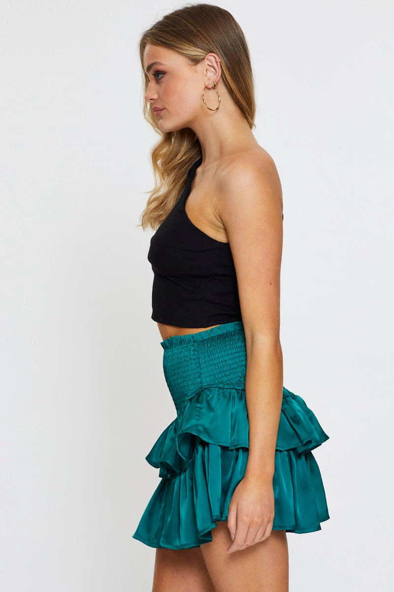 Green Mini Skirt Shirred Waist Satin