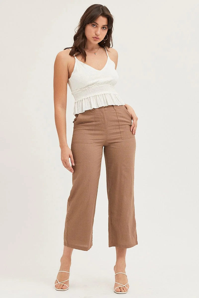 Brown Wide Leg Pants High Rise