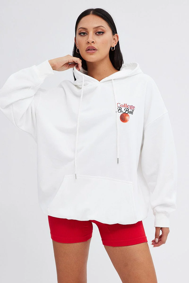 White Hoodie Sweater Long Sleeve Longline Basketball