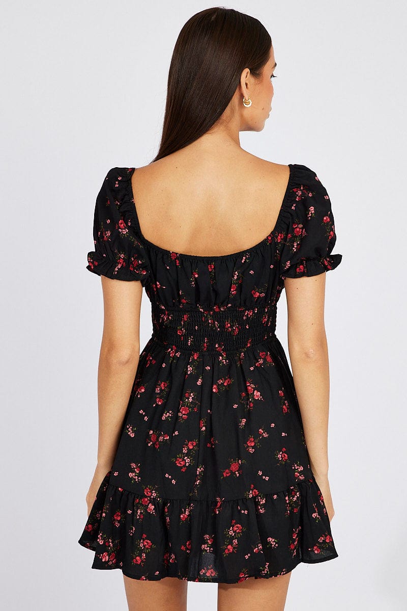 Black Floral Fit And Flare Dress Puff Sleeve Mini