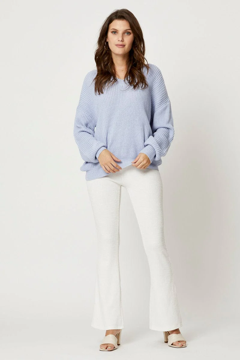 Blue V Neck Tie Back Knit