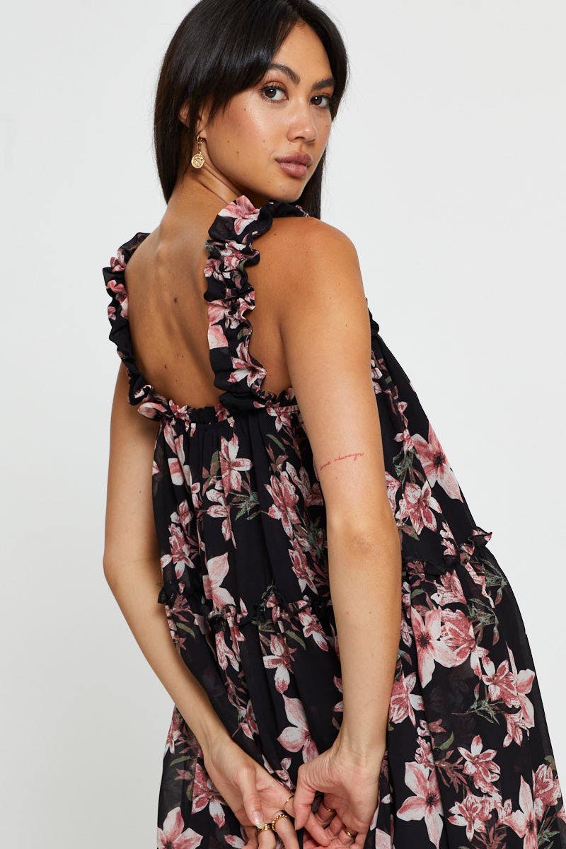Print Mini Dress Sleeveless Square Neck