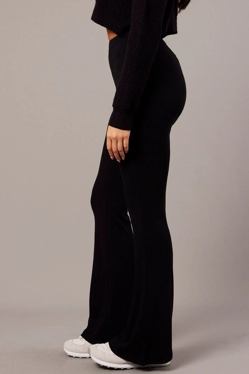 Black Flare Leg Pants Rib