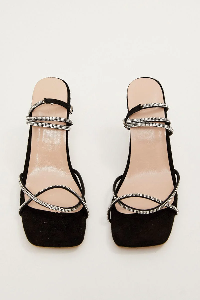 Black Rhinestone Decor Square Toe Ankle Strap Sandals