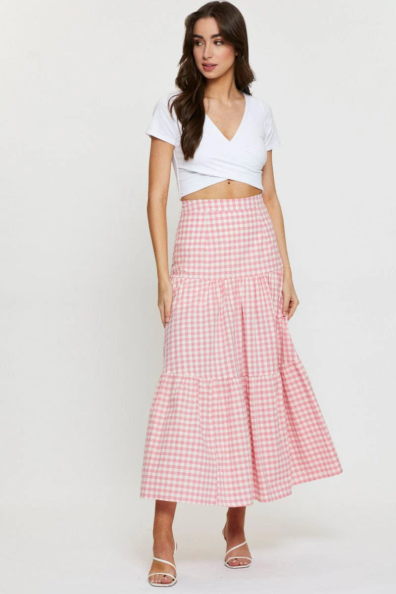 Check Elastic Waist Maxi Skirt