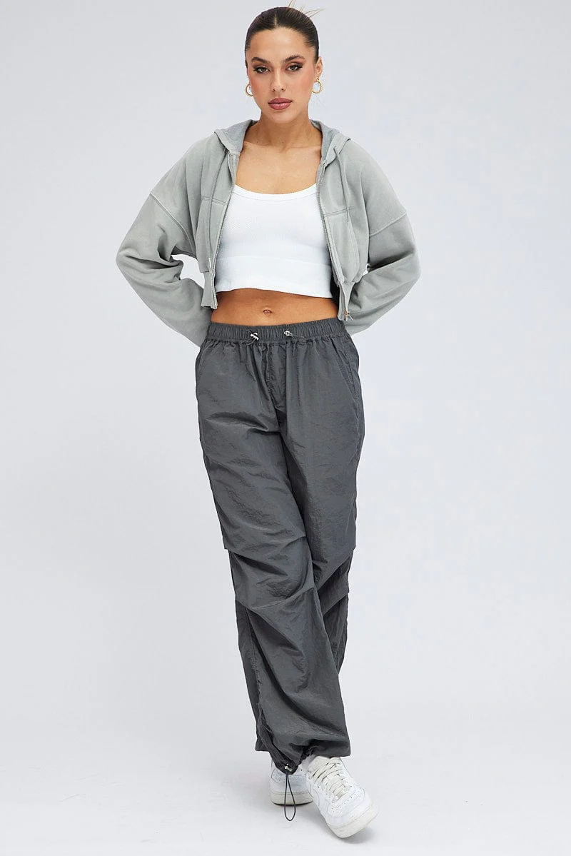 Grey Parachute Cargo Pants Low Rise
