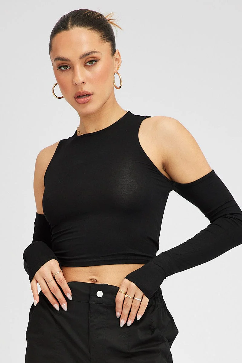 Black Top Long Sleeve Mock Neck Cold Shoulder Jersey