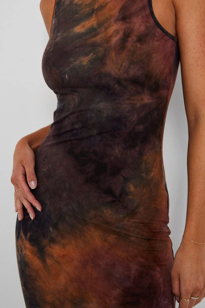 Brown Abstract Maxi Dress Sleeveless Jersey