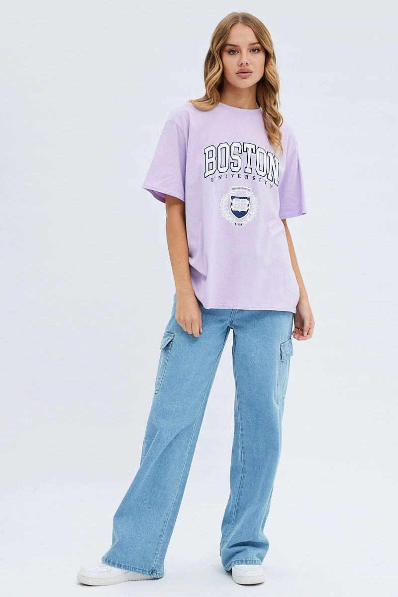 Purple Short Sleeve Boston Embroidered Tee