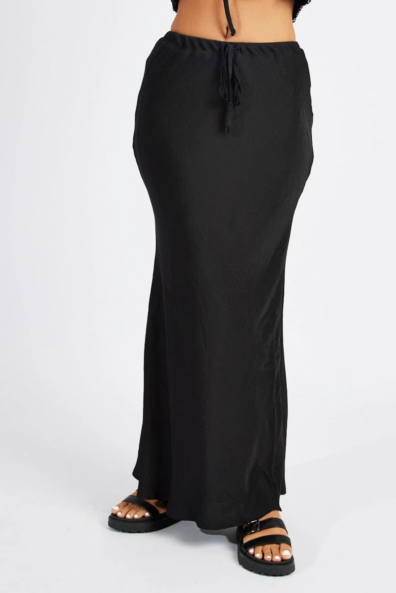 Black Drawstring Satin Maxi Skirt