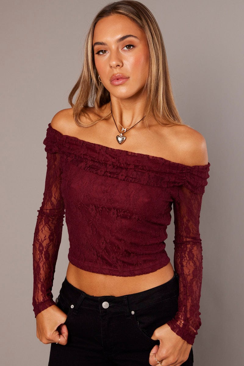 Red Off Shoulder Top Long Sleeve