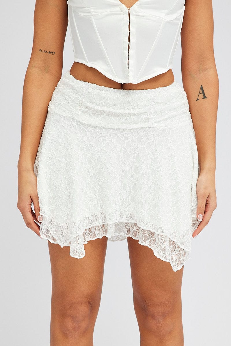 White Mini Skirt Asymmetric Lace