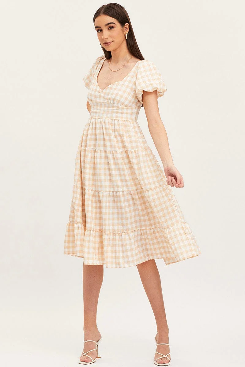 Check Midi Dress Short Sleeve Evening