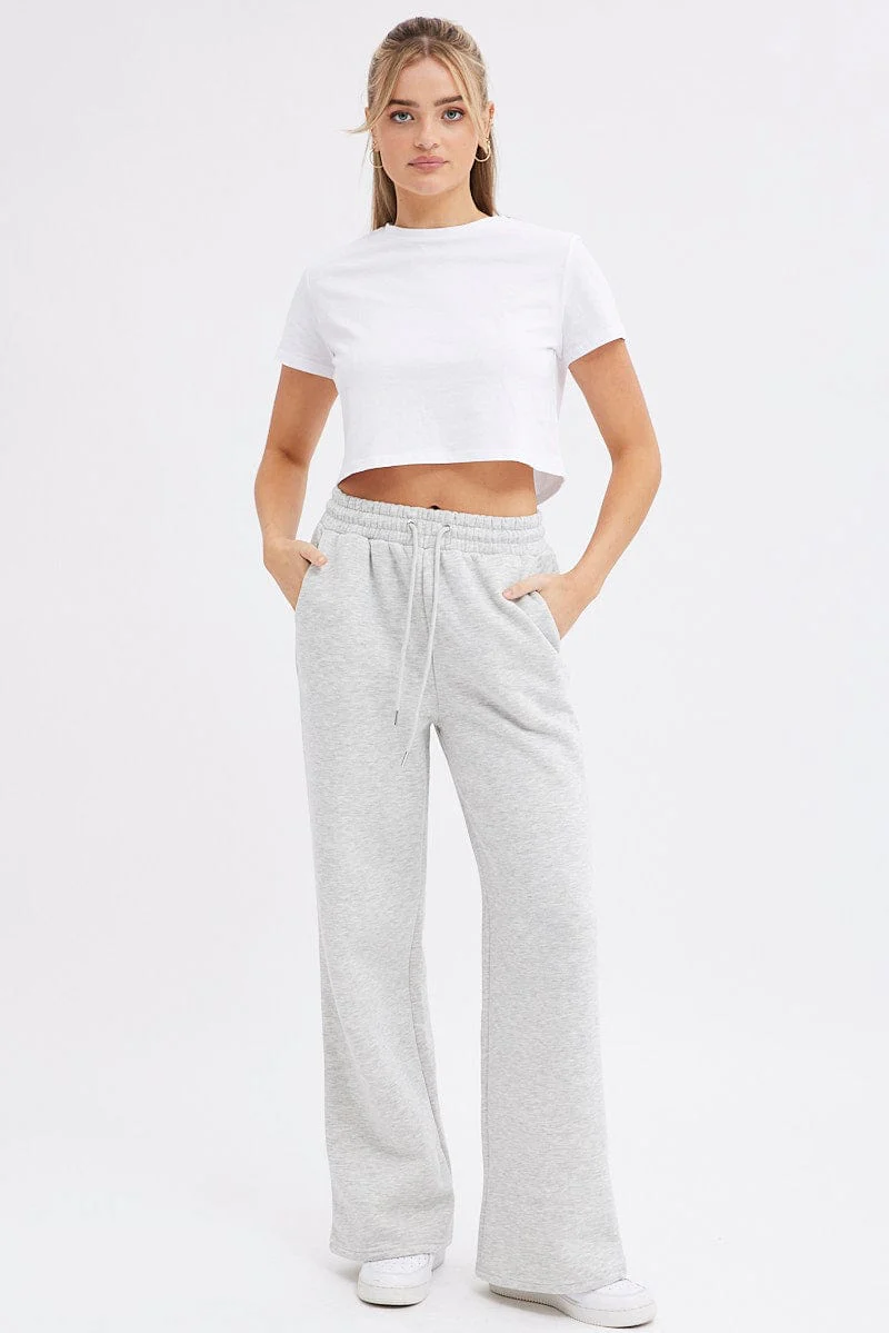Grey Wide Leg Track Pants High Rise