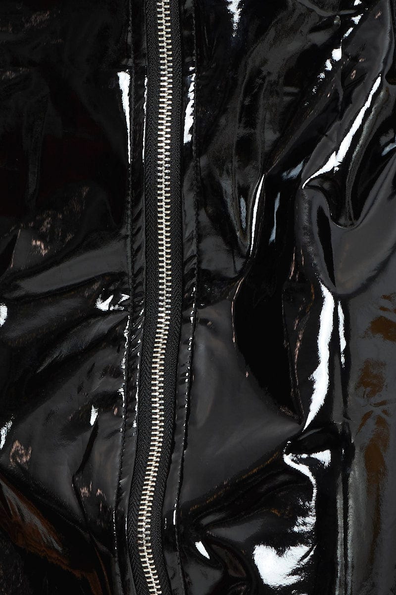 Black Wet Look Front Zip Mini Skirt