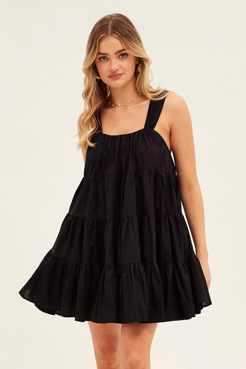 Black Mini Dress Round Neck Tiered Smock