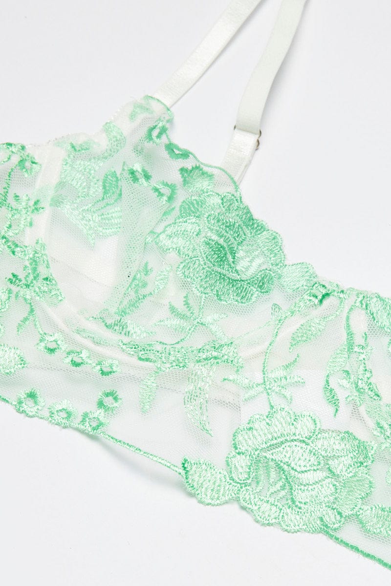 Green Floral Embroidered Lingerie Set