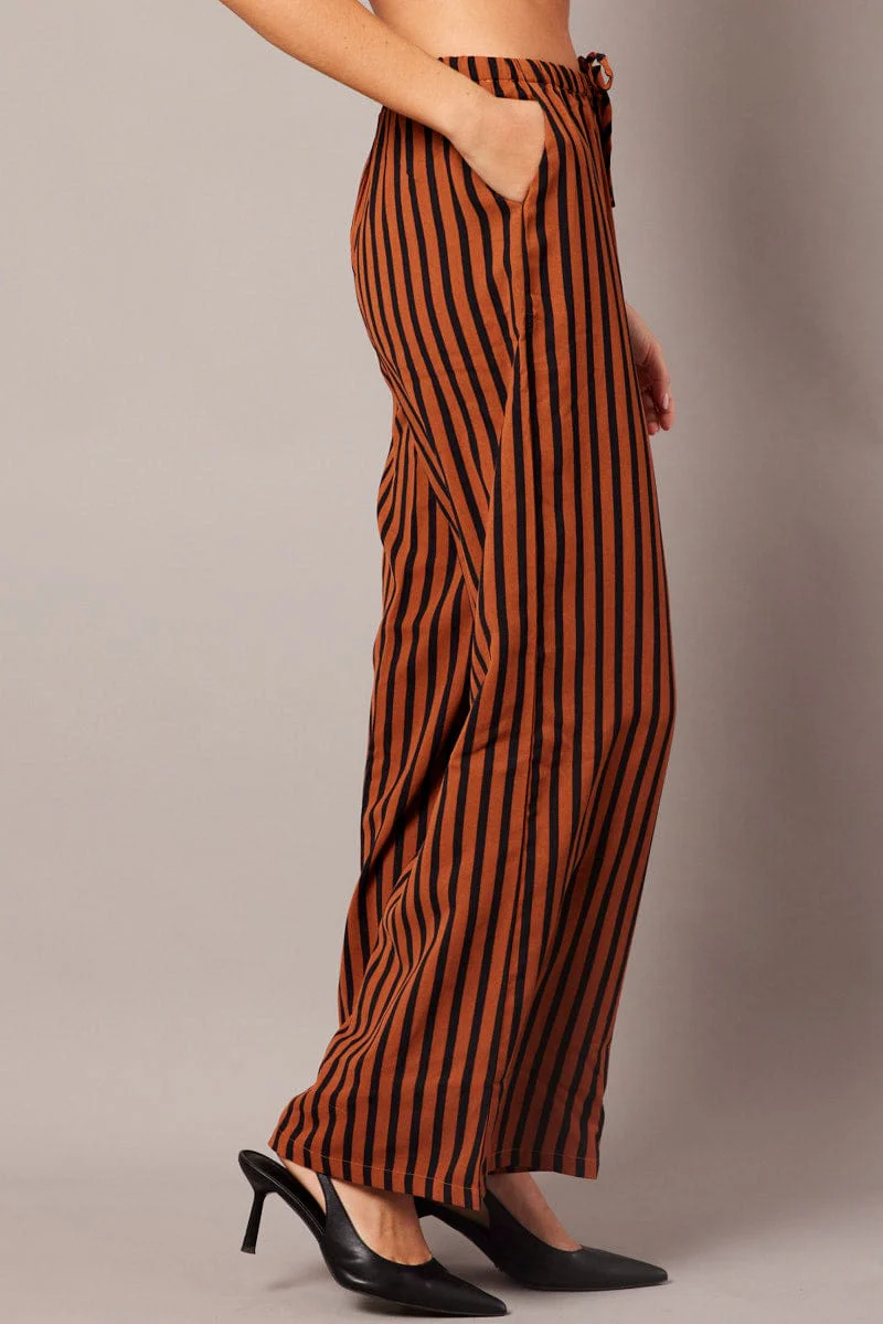 Brown Stripe Wide Leg Pants High Rise
