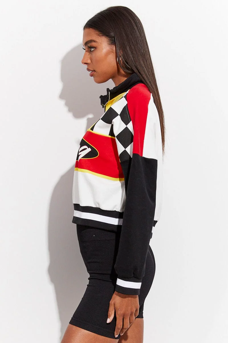 Red Sweater Racing Long Sleeve Half Zip Check