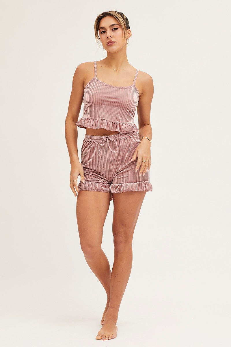 Pink Ribbed Velvet Cami & Shorts Pyjama Set