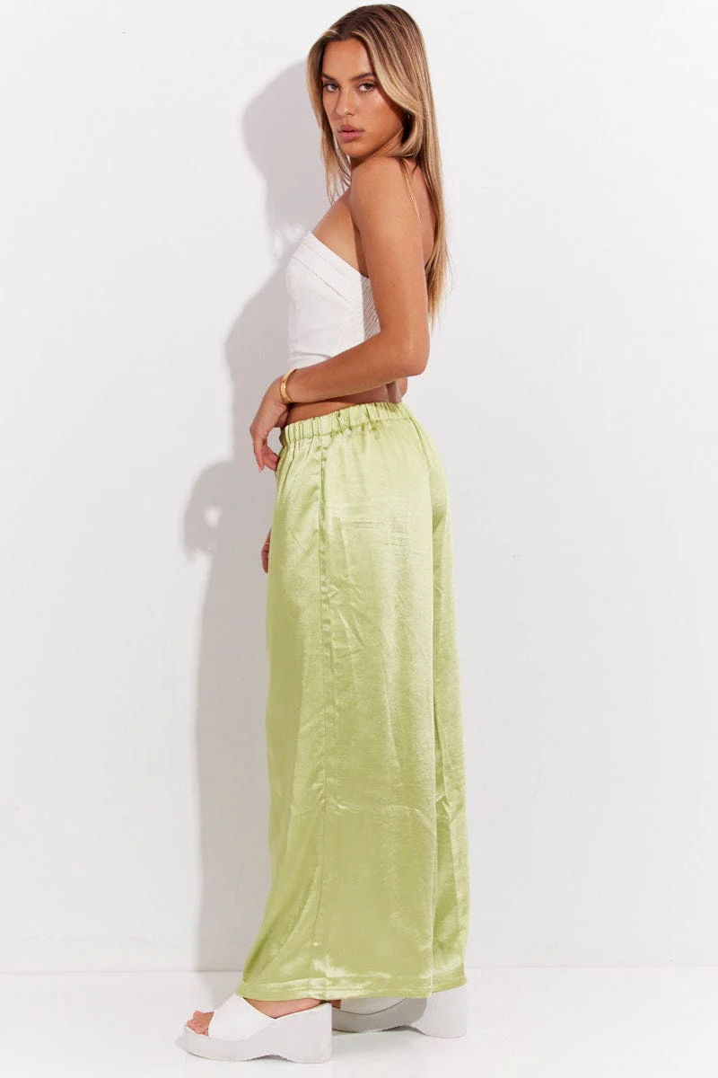 Green Pant High Elastic Waist Tie Front Wide Leg Satin