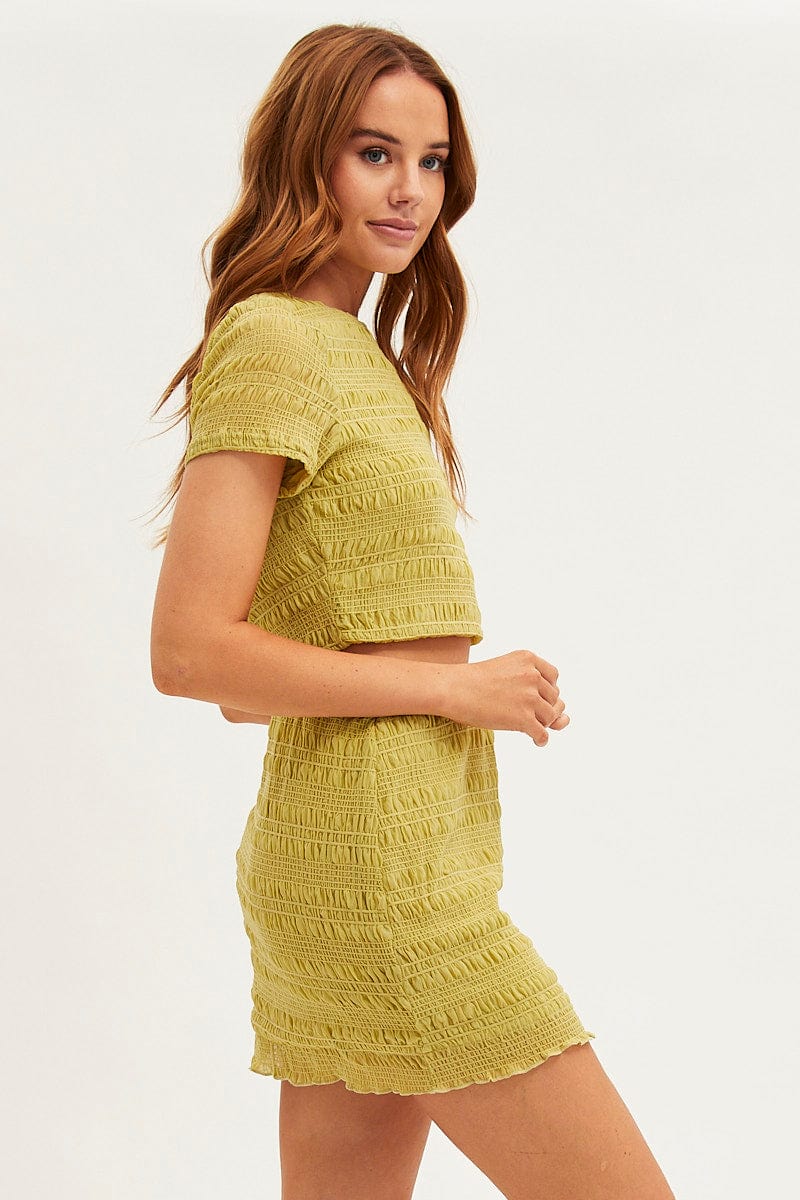 Green Mesh T-Shirt Gathered Texture Detail Short Sleeve