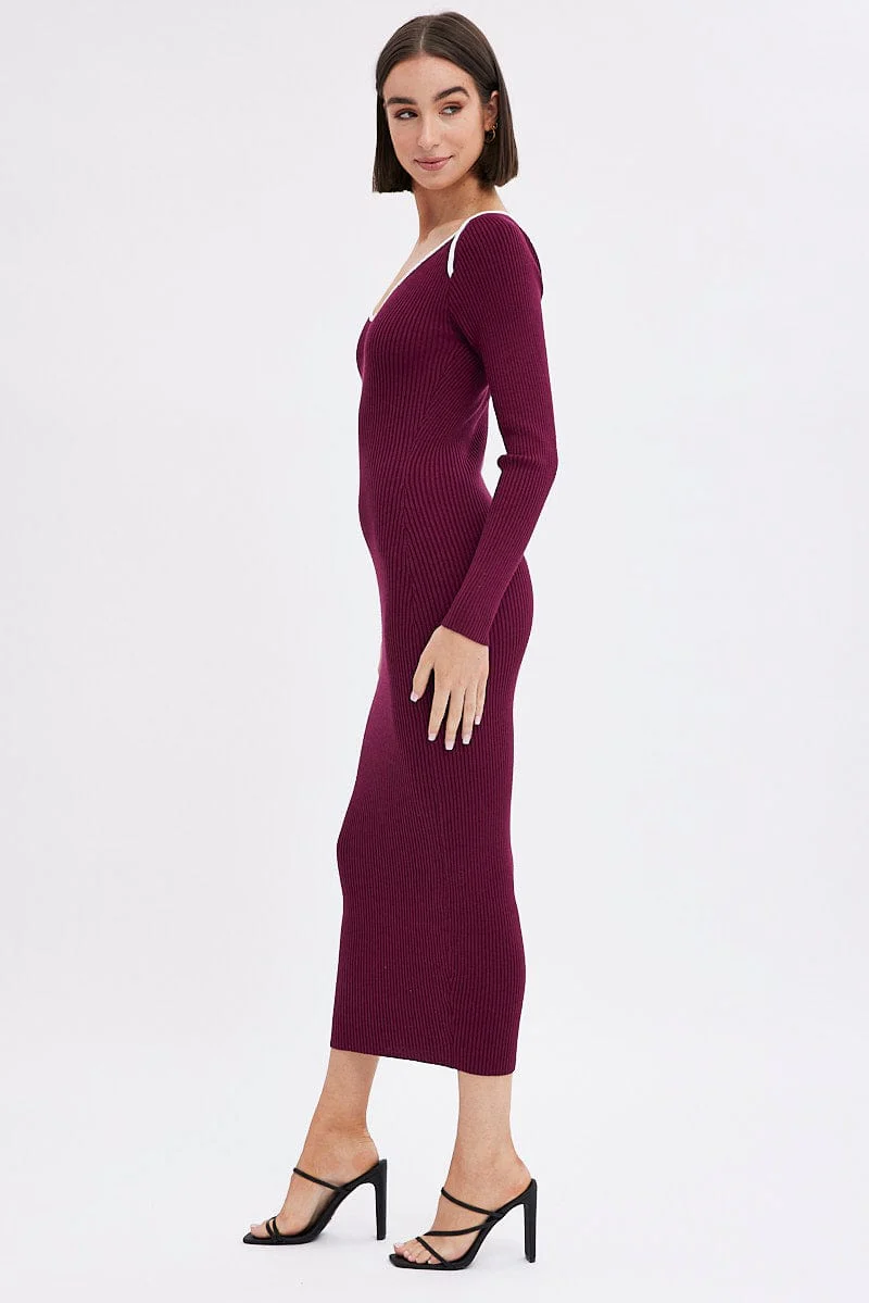 Purple Midi Dress Long Sleeve Sweetheart Contrast Bind