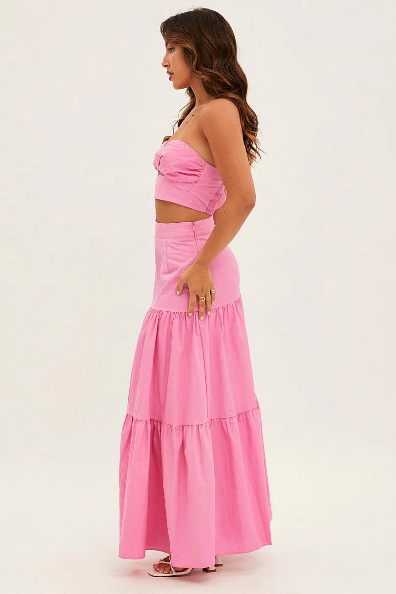 Pink Maxi Skirt High Rise Tiered