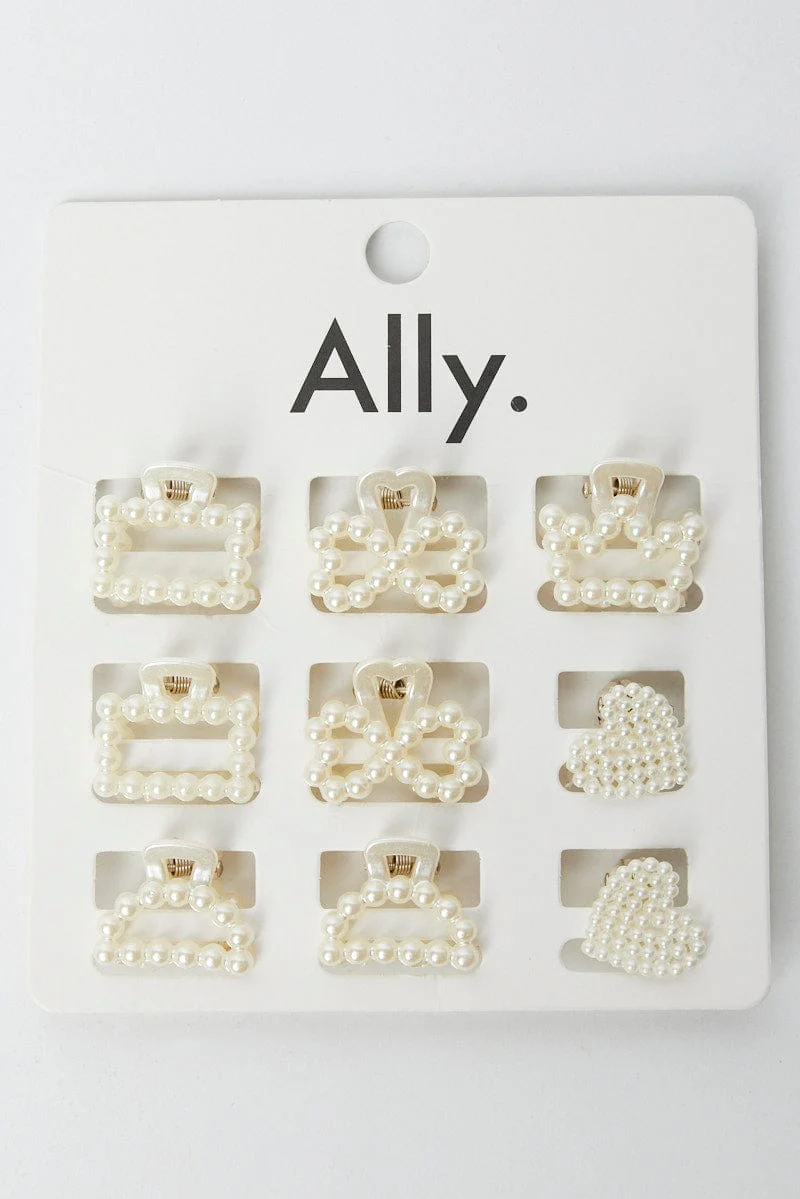 White 9 Pack Mix & Match Pearl Claw Clips