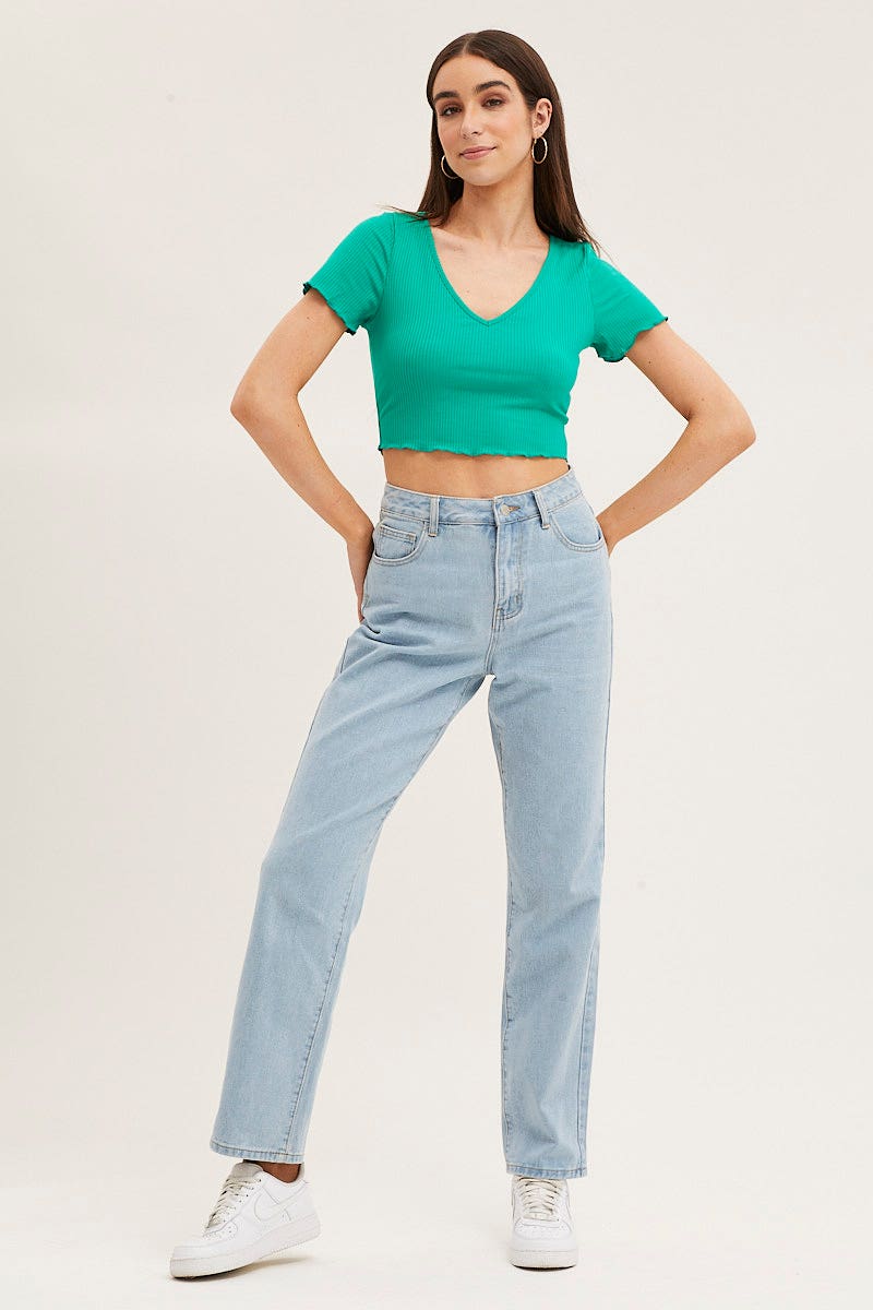 Green V Neck Lettuce Edge Baby Tee